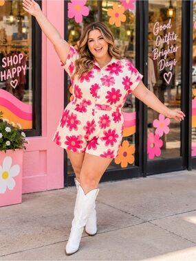 Bae Vely Women's Pink Retro Mod Floral Short Jumpsuit Plus size 2x